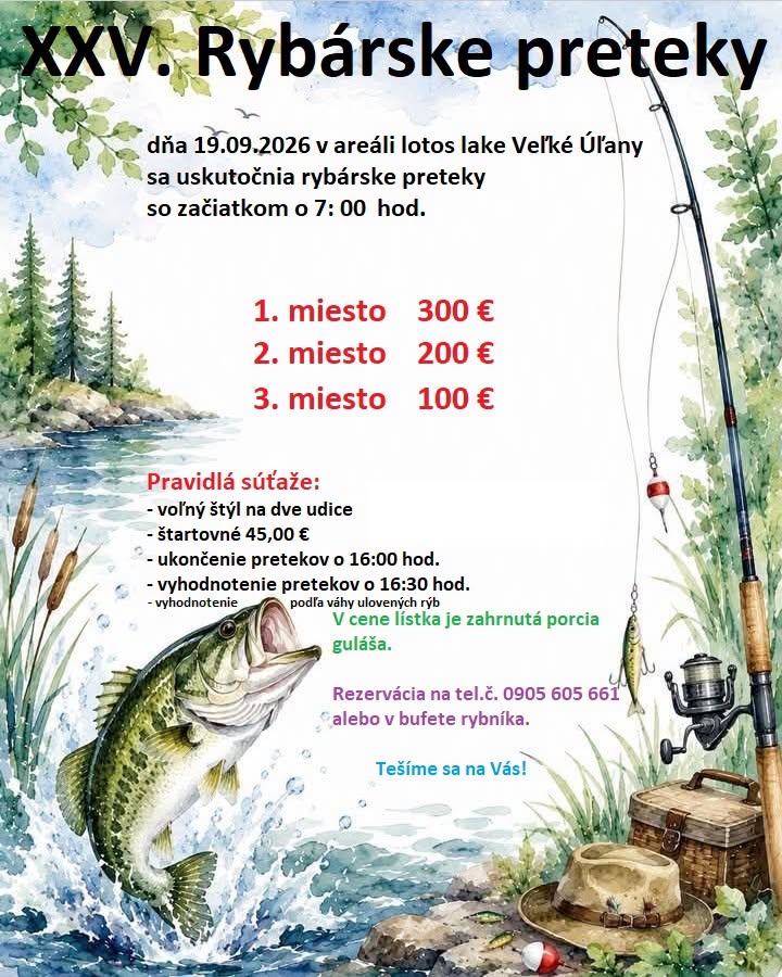 Rybárske preteky na rybníku Lotos Lake dňa 19. septembra 2026